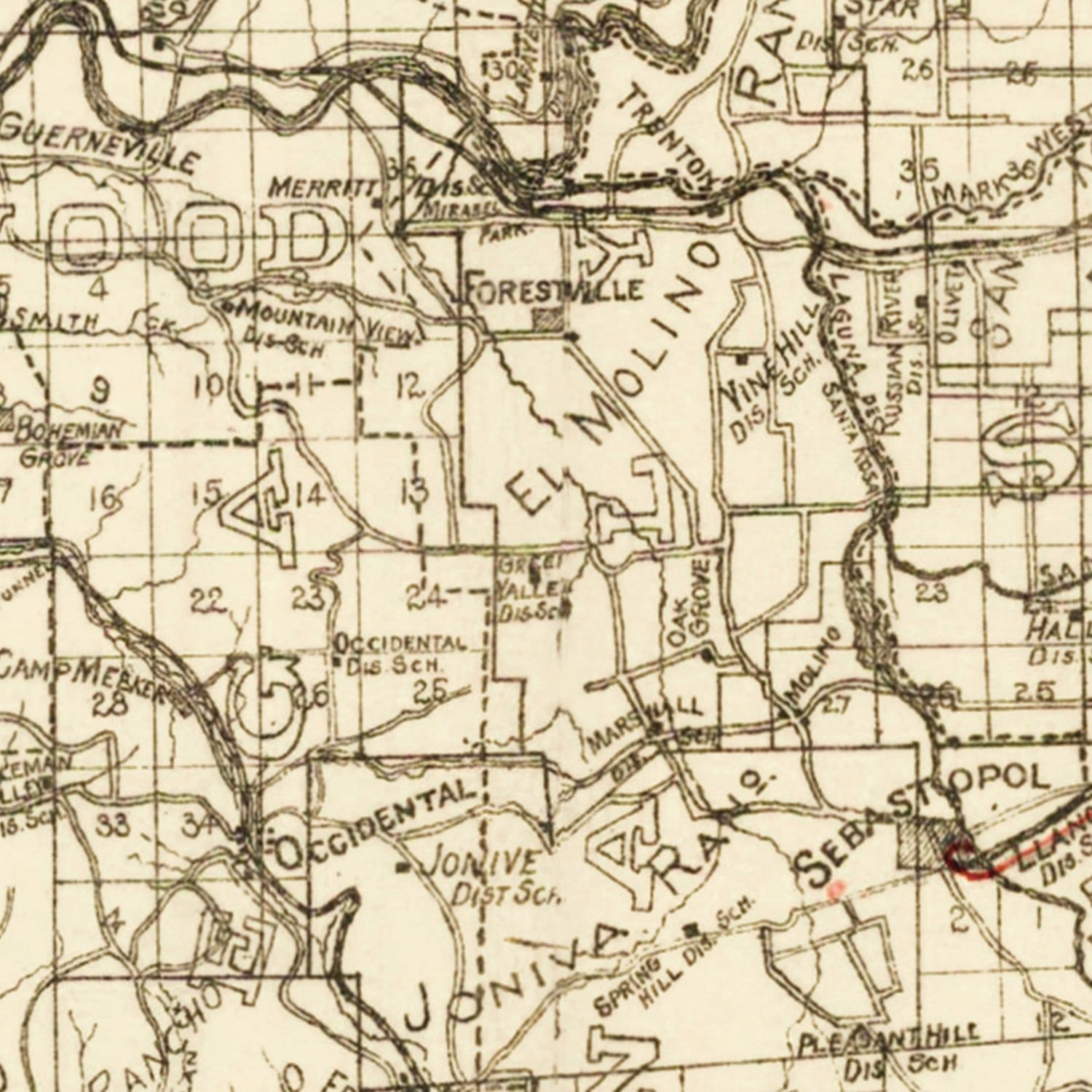 Restored historic details from the 1902 county map of Sonoma County, California