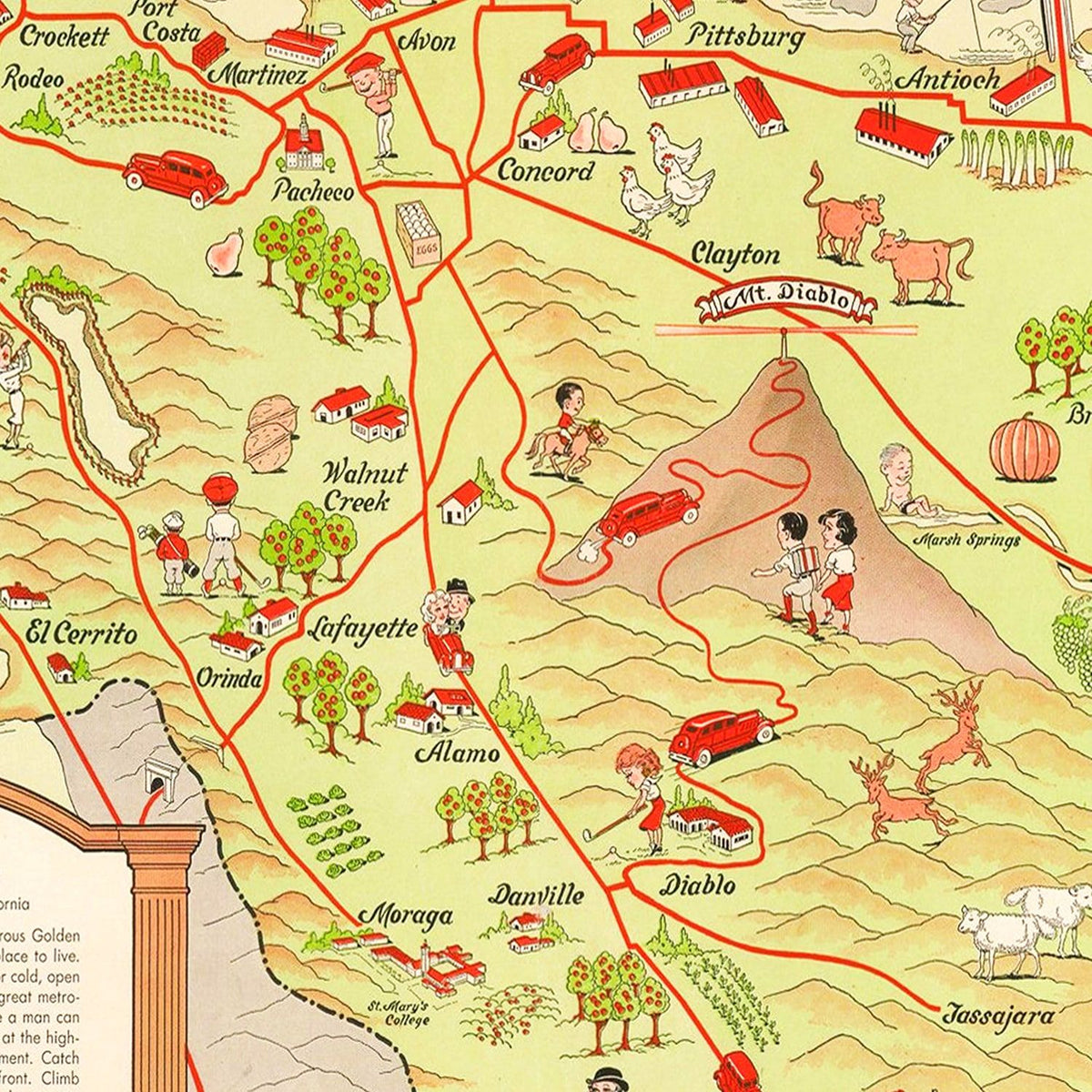 Restored historic details from the 1930 county map of Contra Costa County, California