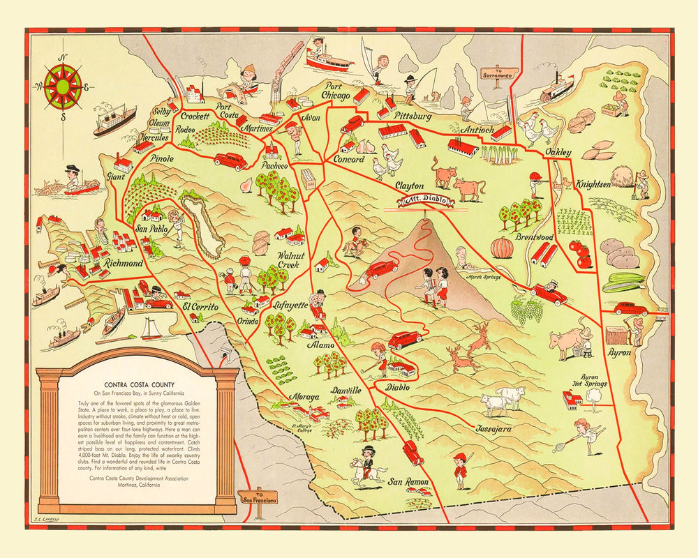 Vintage Map of Contra Costa County, California 1930 print style example