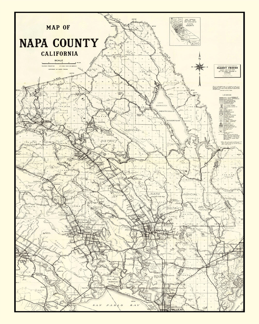 Vintage Map of Napa County, California 1950 print style example