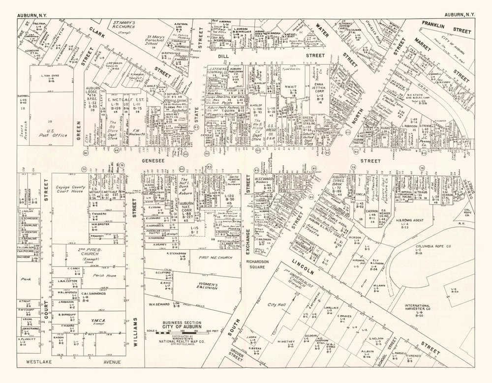 Vintage Map of Auburn, NY Business Section 1947 print style example