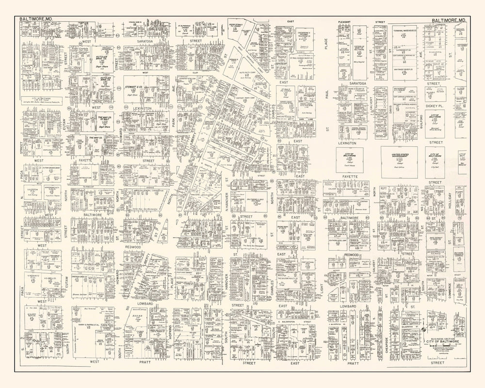 Vintage Map of Baltimore, MD Business Section 1947 print style example