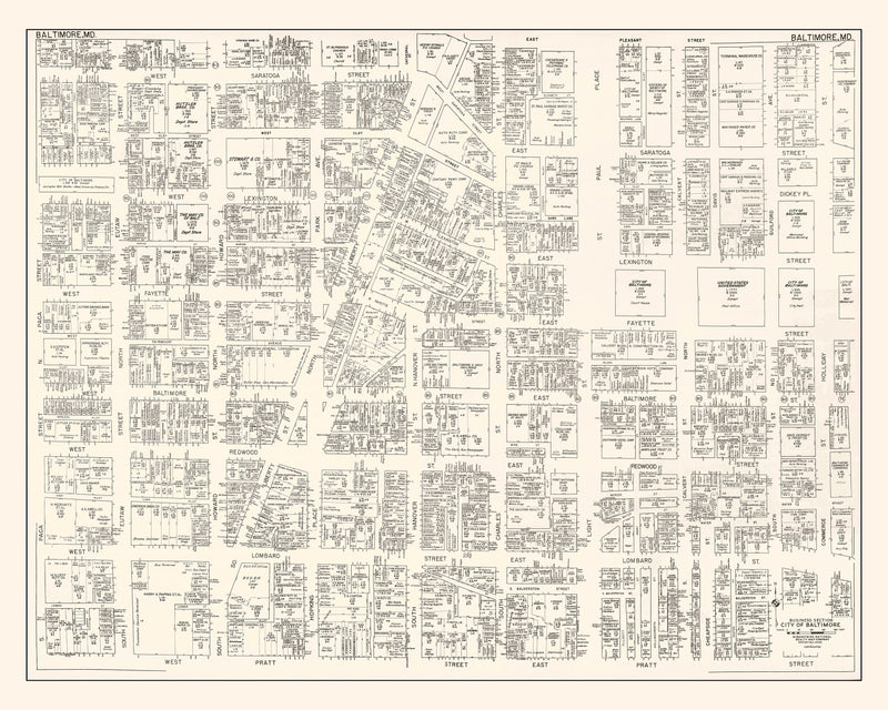 Size comparison using Vintage Map of Baltimore, MD Business Section 1947