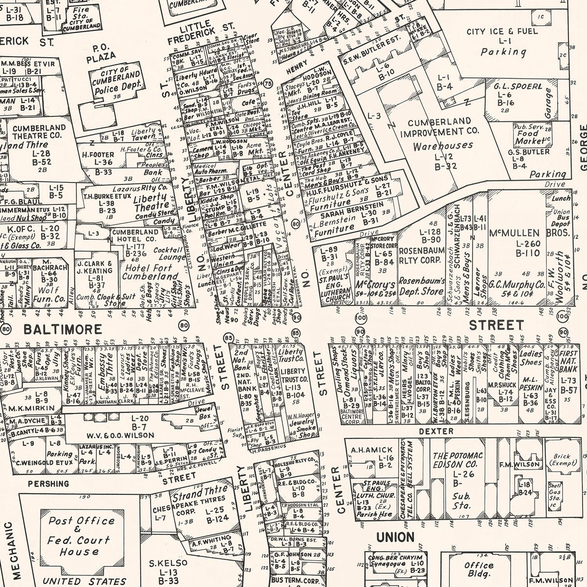 Restored historic details from the 1947 city map of Cumberland, Maryland