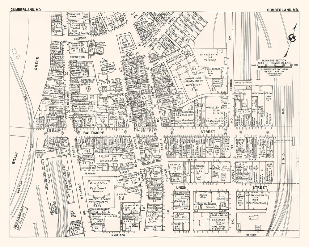 Vintage Map of Cumberland, MD Business Section 1947 print style example