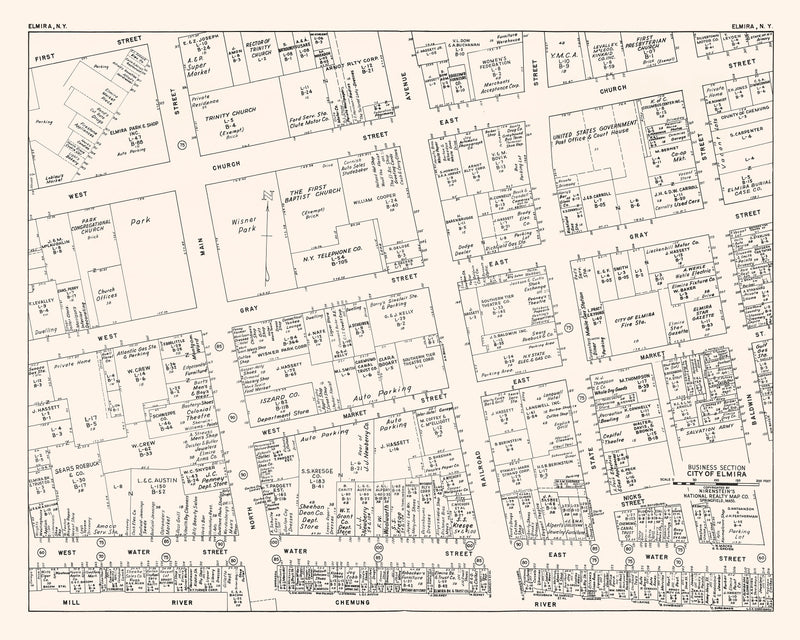 Size comparison using Vintage Map of Elmira, NJ Business Section 1947