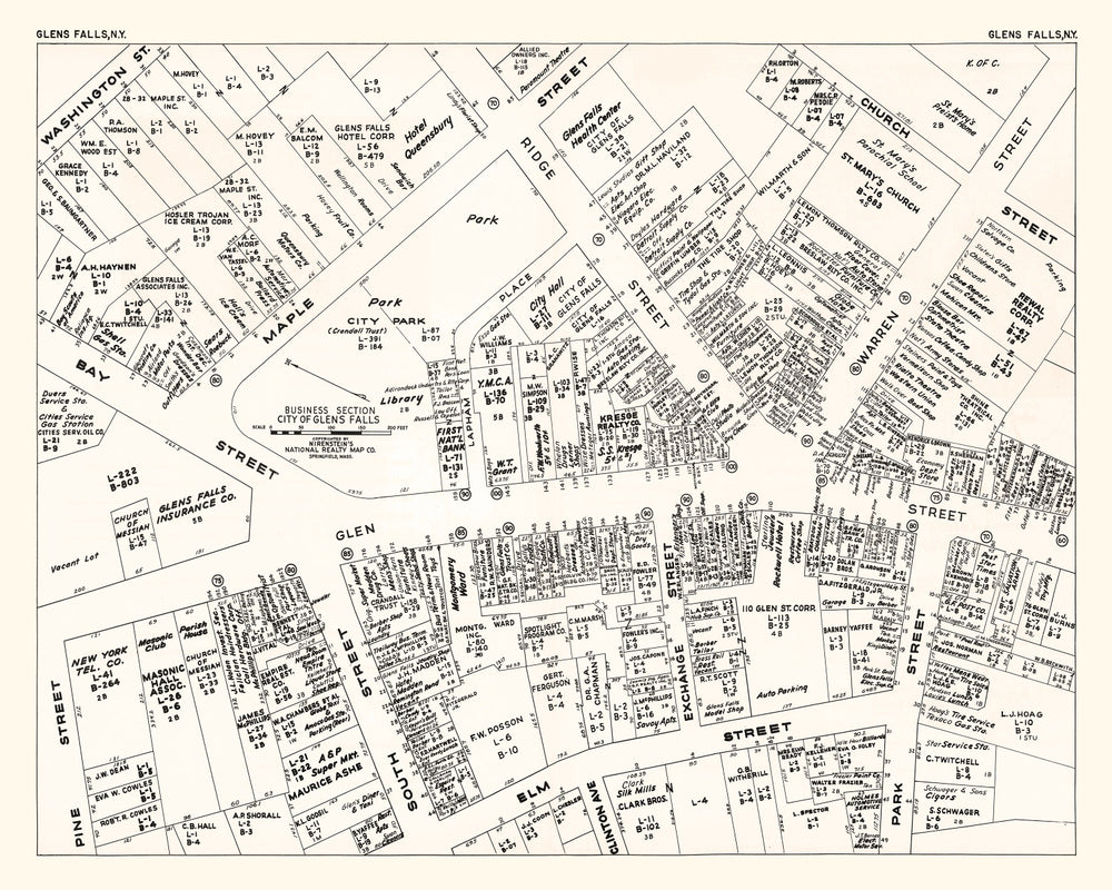 Vintage Map of Glens Falls, NY Business Section 1947 print style example