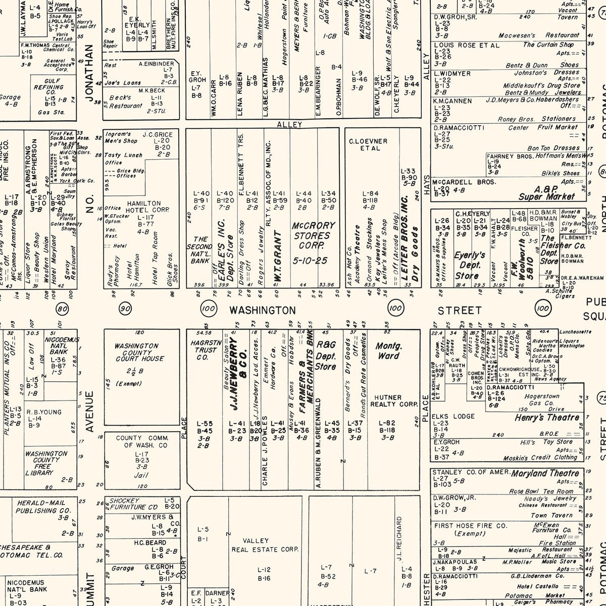 Restored historic details from the 1947 city map of Hagerstown, Maryland