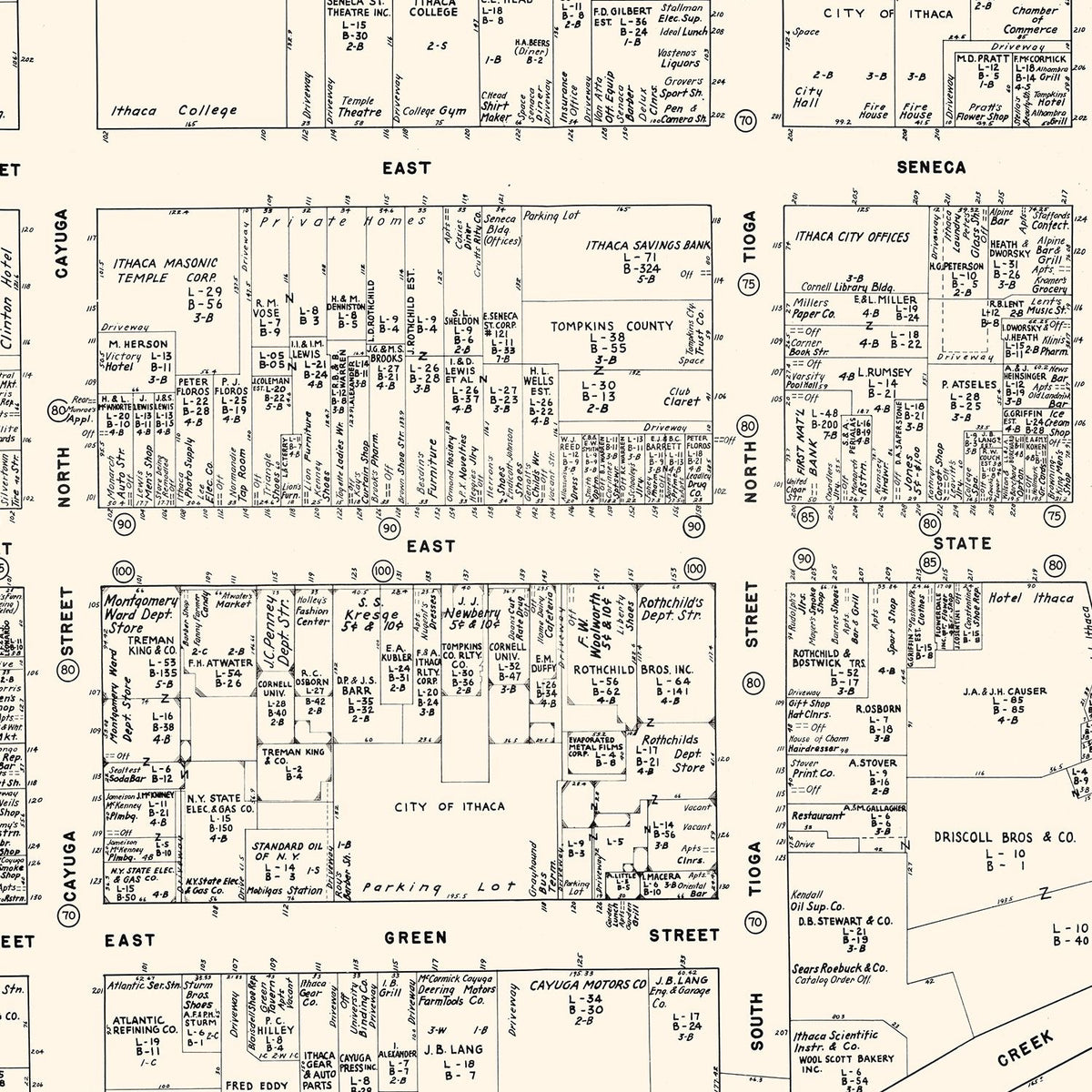 Restored historic details from the 1947 city map of Ithaca, New York