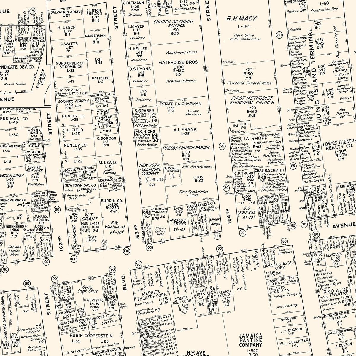 Restored historic details from the 1947 city map of Jamaica, New York
