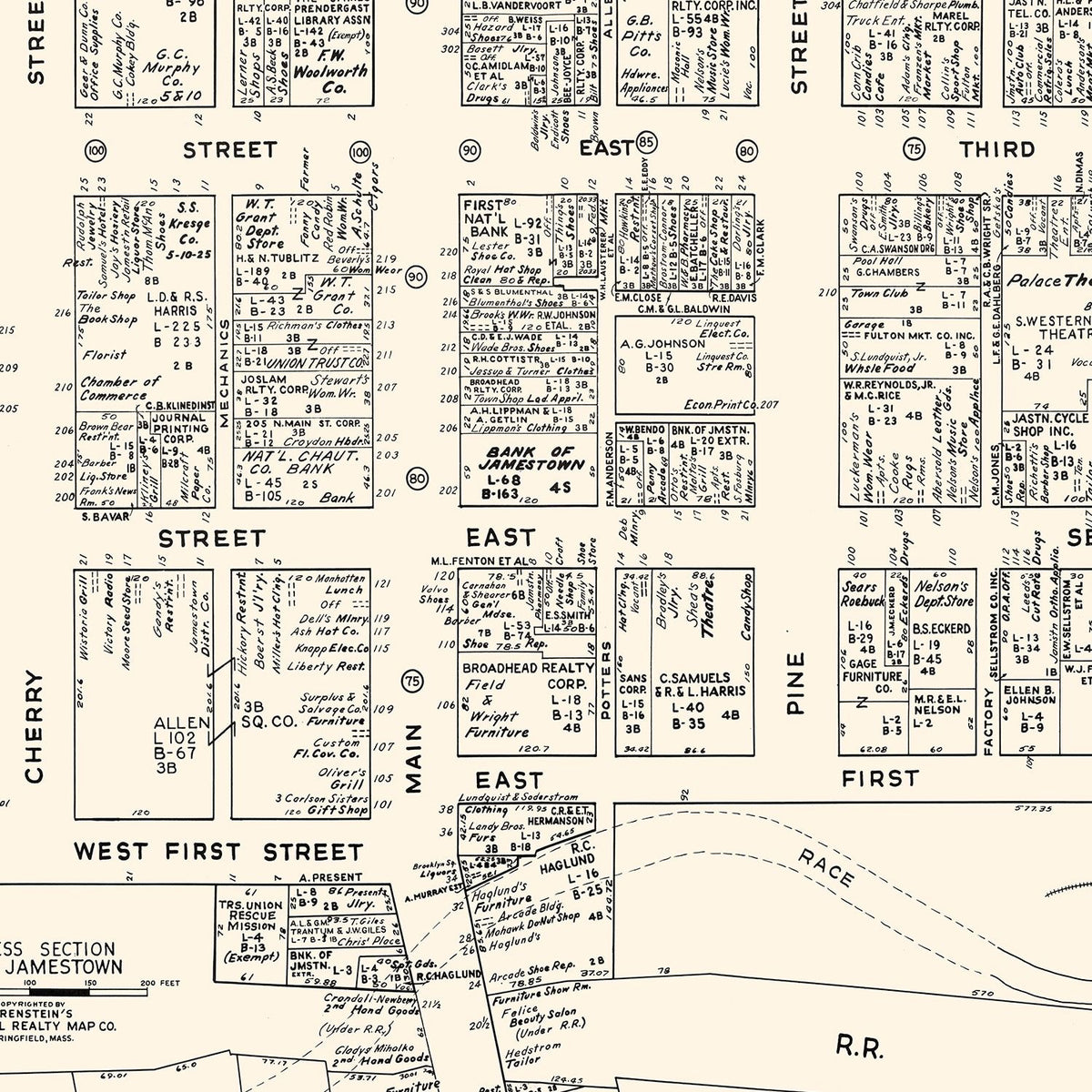 Restored historic details from the 1947 city map of Jamestown, New York