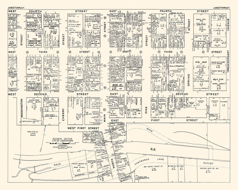 Size comparison using Vintage Map of Jamestown, NY Business Section 1947