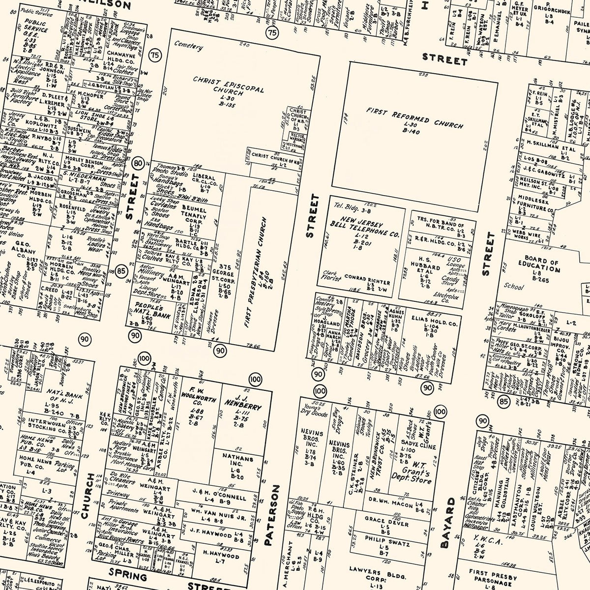 Restored historic details from the 1947 city map of New Brunswick, New Jersey