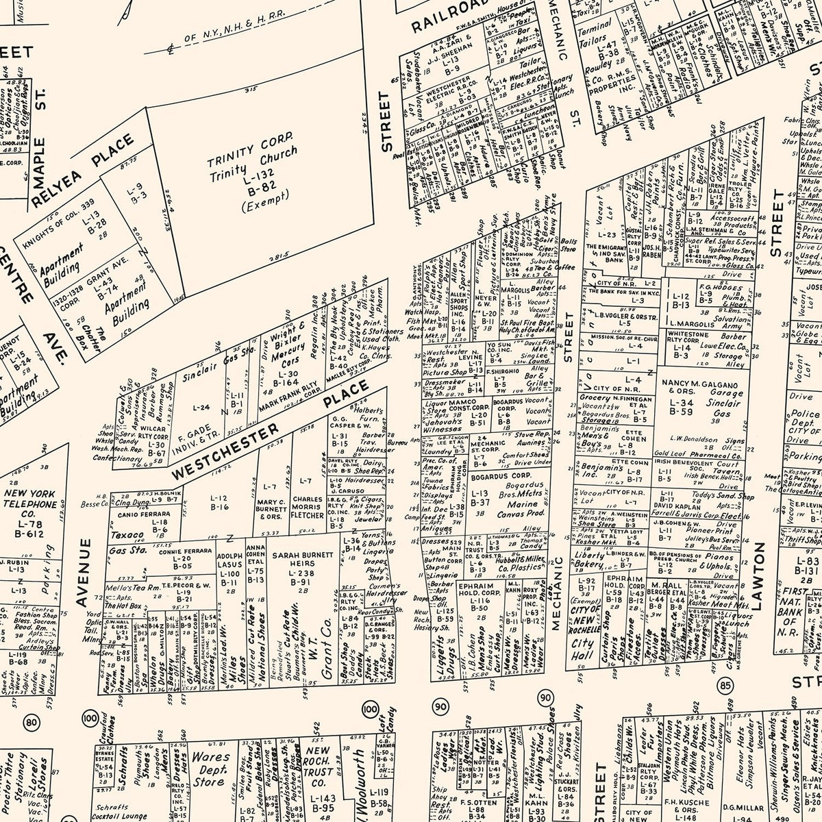 Restored historic details from the 1947 city map of New Rochelle, New York