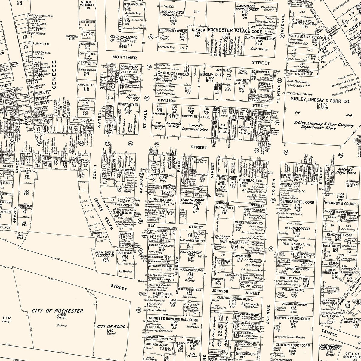 Restored historic details from the 1947 city map of Rochester, New York