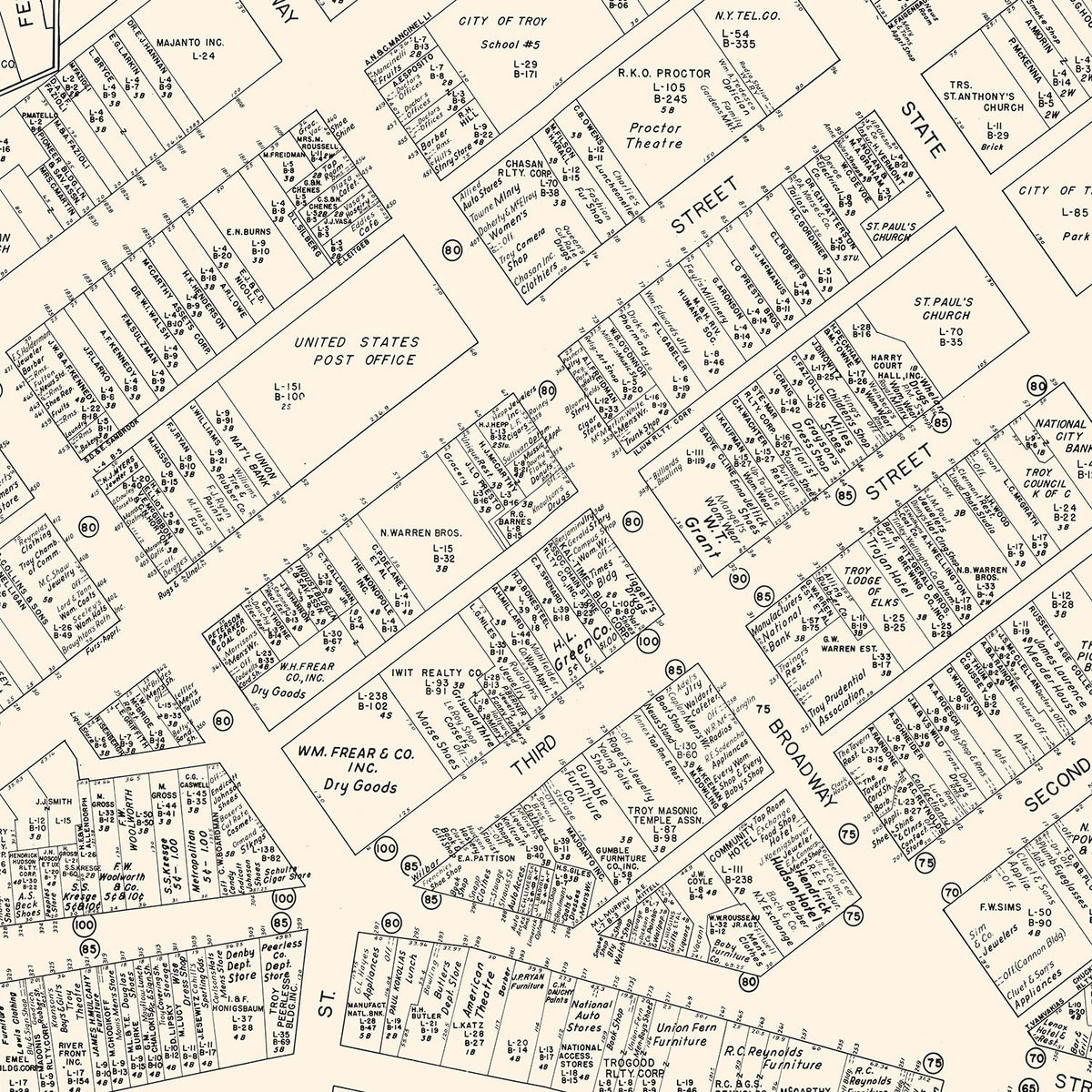 Restored historic details from the 1947 city map of Troy, New York