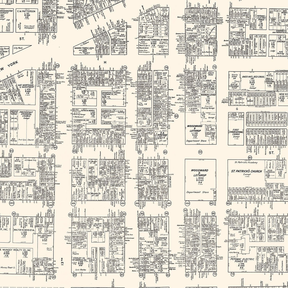 Restored historic details from the 1947 city map of Washington D.C., Washington DC