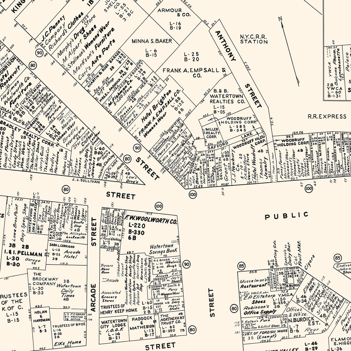 Restored historic details from the 1947 city map of Watertown, New York