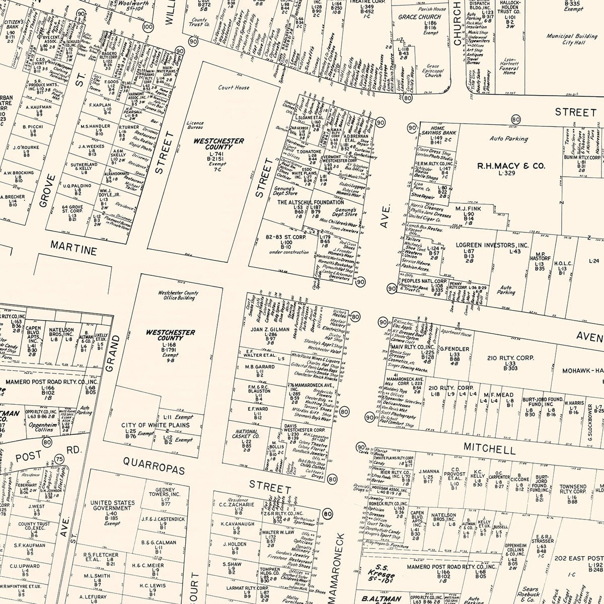 Restored historic details from the 1947 city map of White Plain, New York