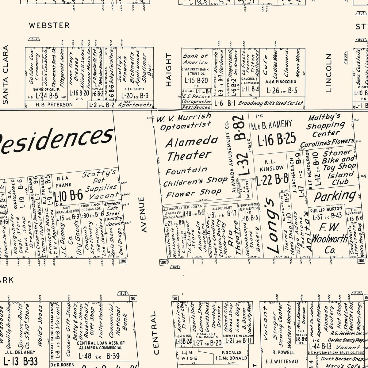 Restored historic details from the 1952 city map of Alameda, California