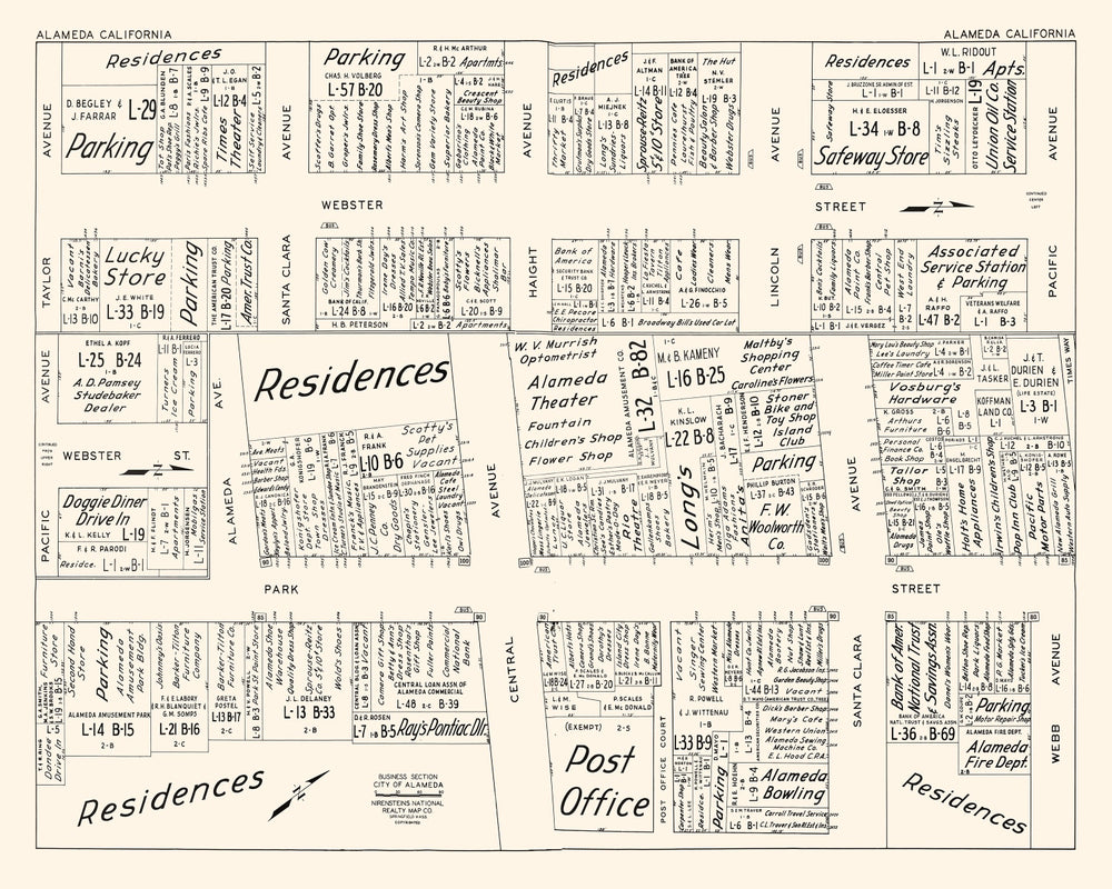 Vintage Map of Alameda, CA Business Section 1952 print style example