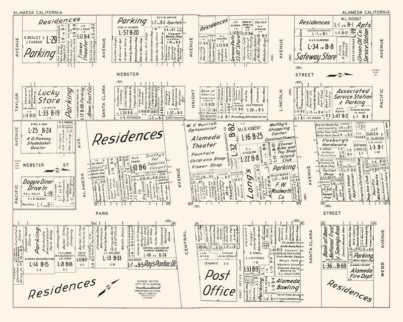 Size comparison using Vintage Map of Alameda, CA Business Section 1952