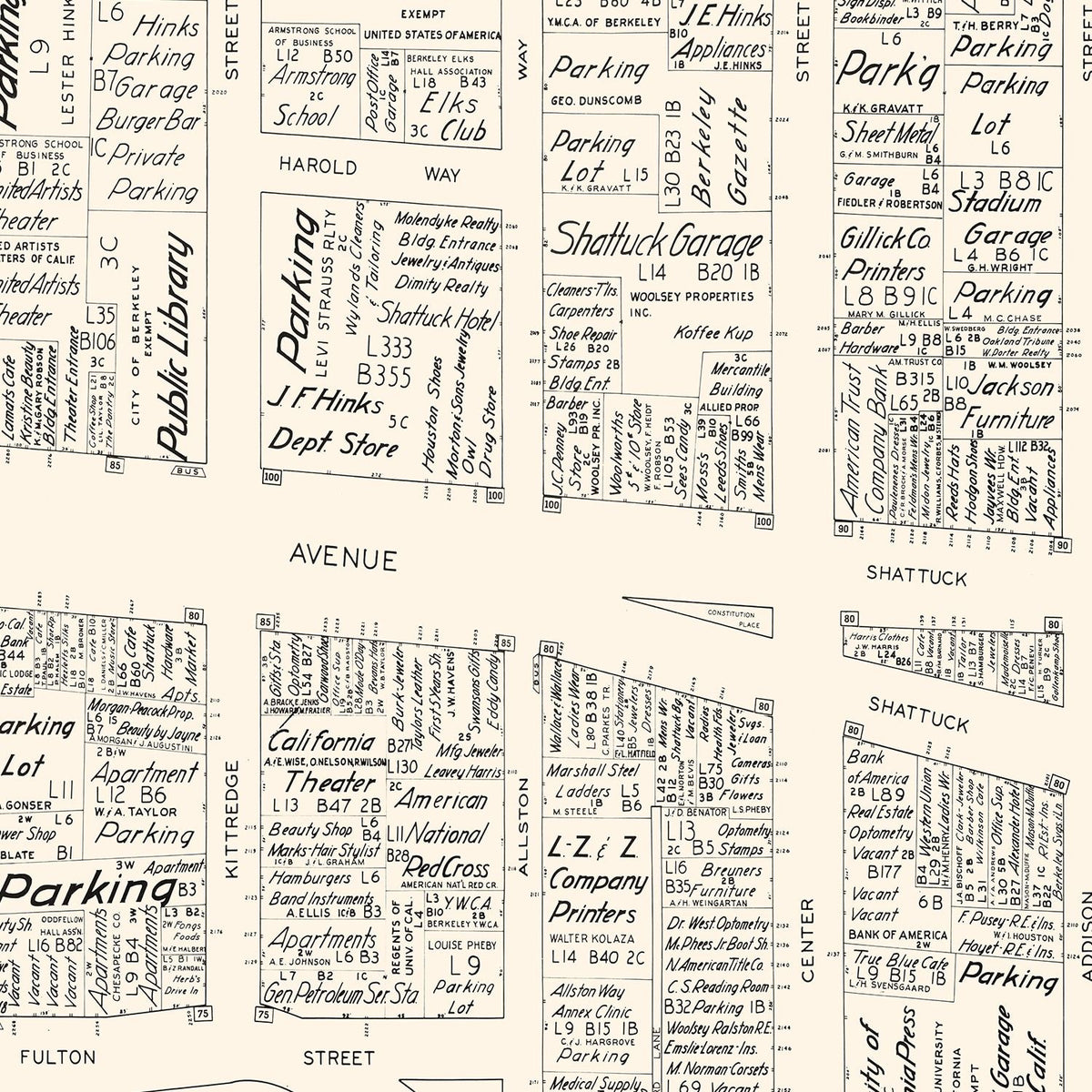 Restored historic details from the 1952 city map of Berkeley, California