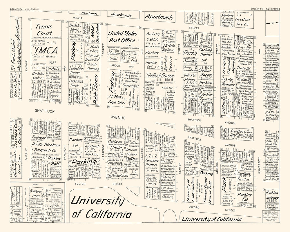 Vintage Map of Berkeley, CA Business Section 1952 print style example