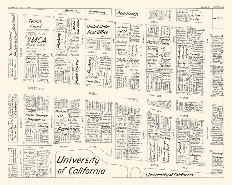 Size comparison using Vintage Map of Berkeley, CA Business Section 1952
