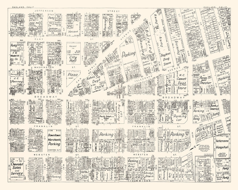 Size comparison using Vintage Map of Oakland, CA Business Section 1952