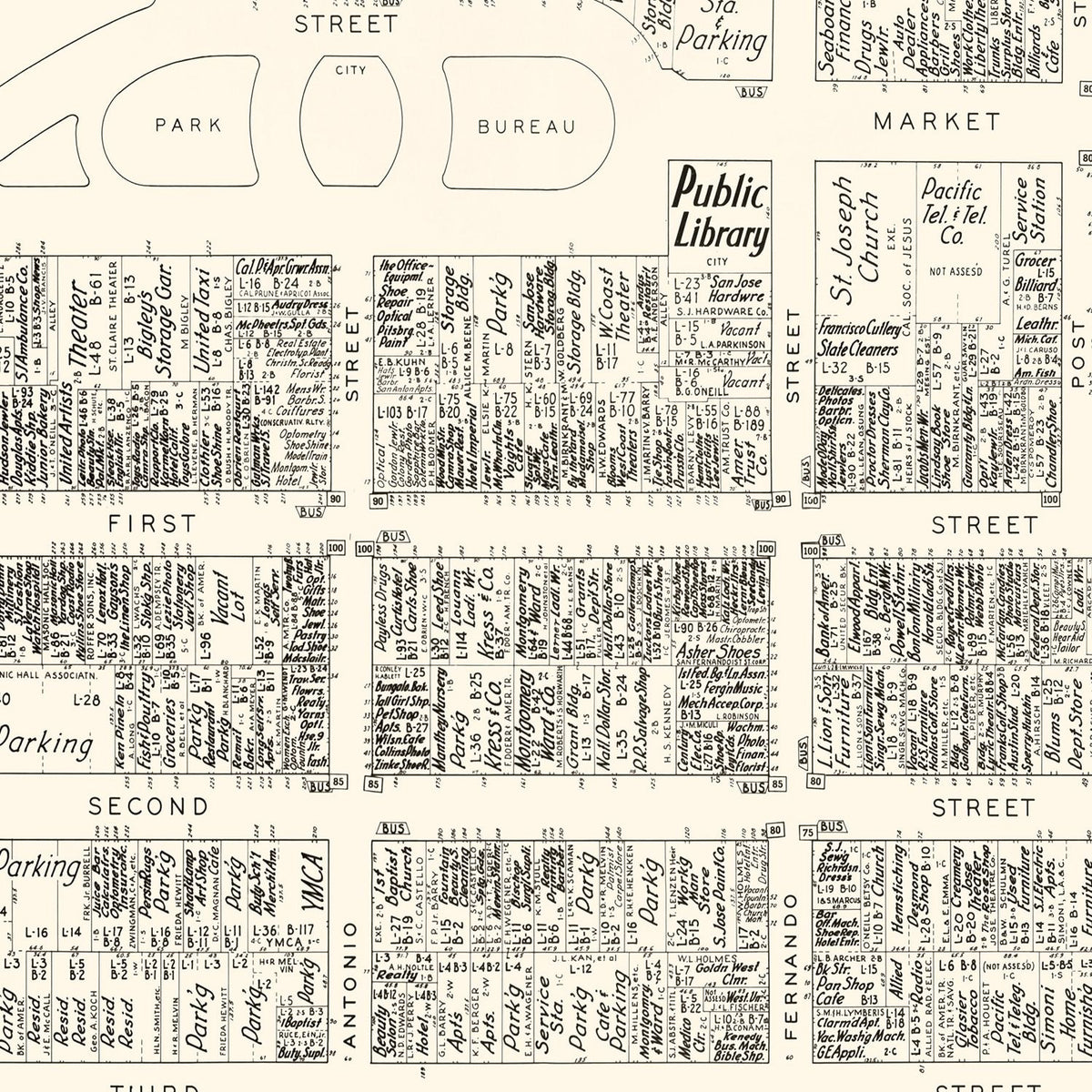 Restored historic details from the 1952 city map of San Jose, California