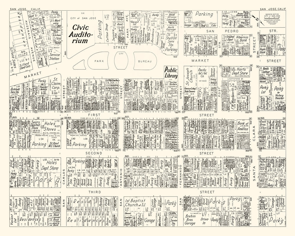 Vintage Map of San Jose, CA Business Section 1952 print style example