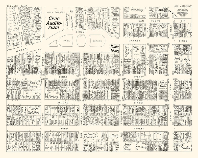 Size comparison using Vintage Map of San Jose, CA Business Section 1952