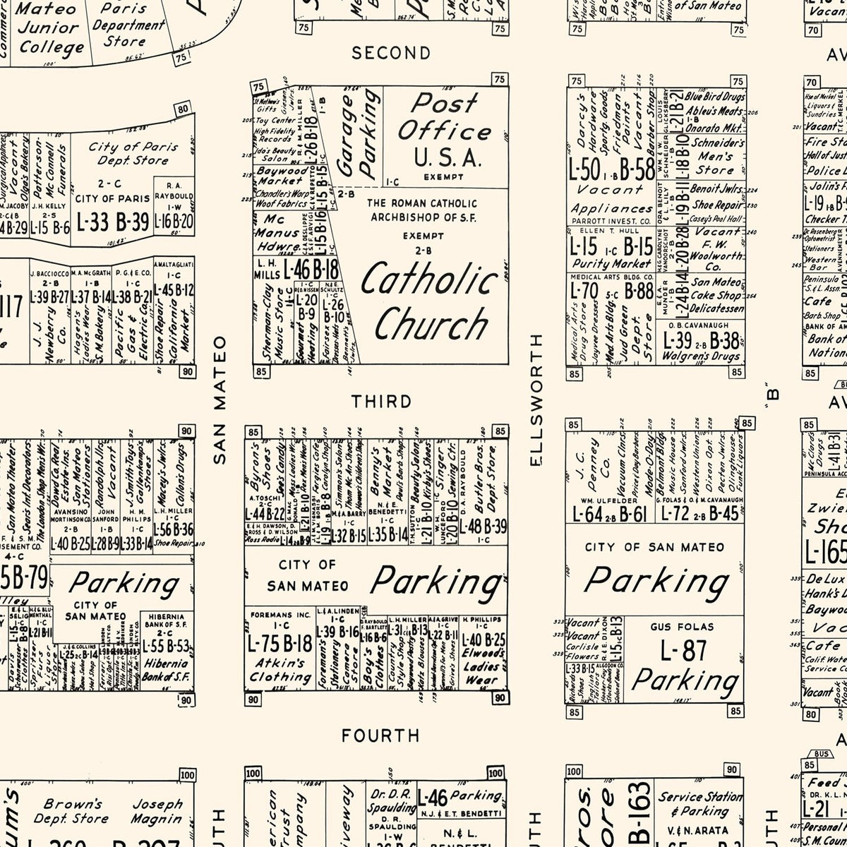 Restored historic details from the 1952 city map of San Mateo, California