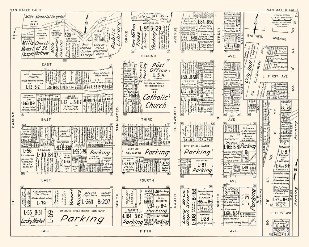 Vintage Map of San Mateo, CA Business Section 1952 print style example