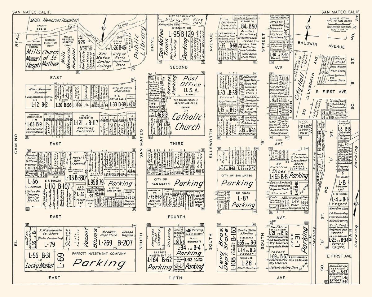 Preview of Vintage Map of San Mateo, CA Business Section 1952