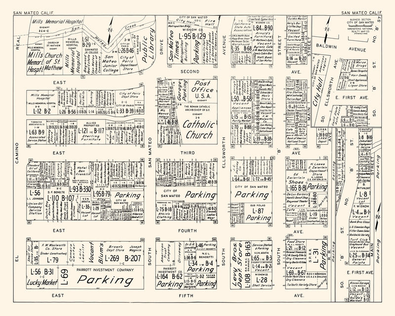 Size comparison using Vintage Map of San Mateo, CA Business Section 1952