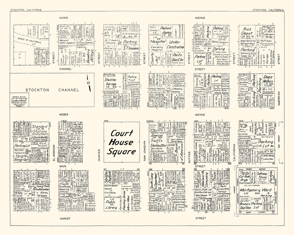 Vintage Map of Stockton, CA Business Section 1952 print style example