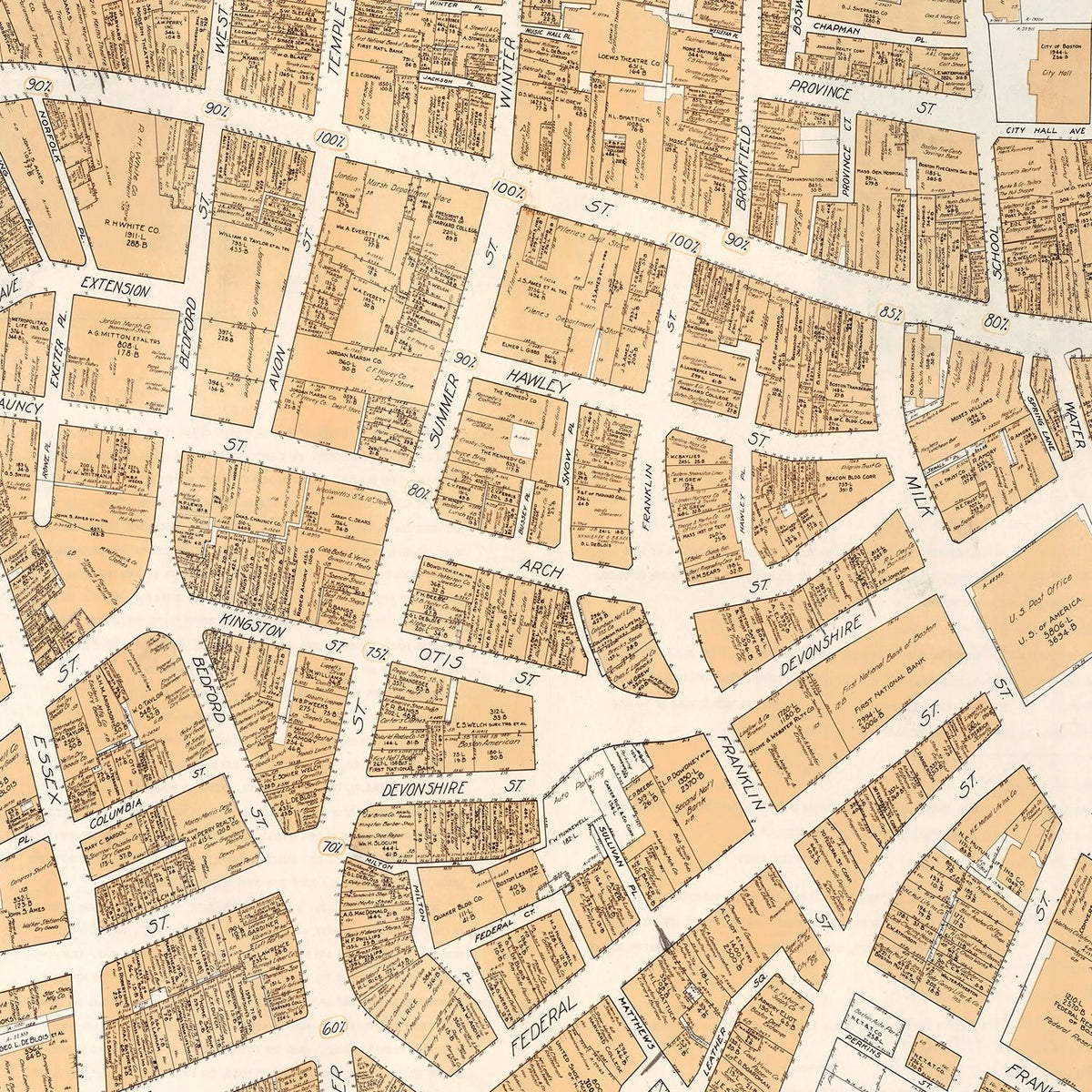 Restored historic details from the 1946 city map of Boston, Massachusetts