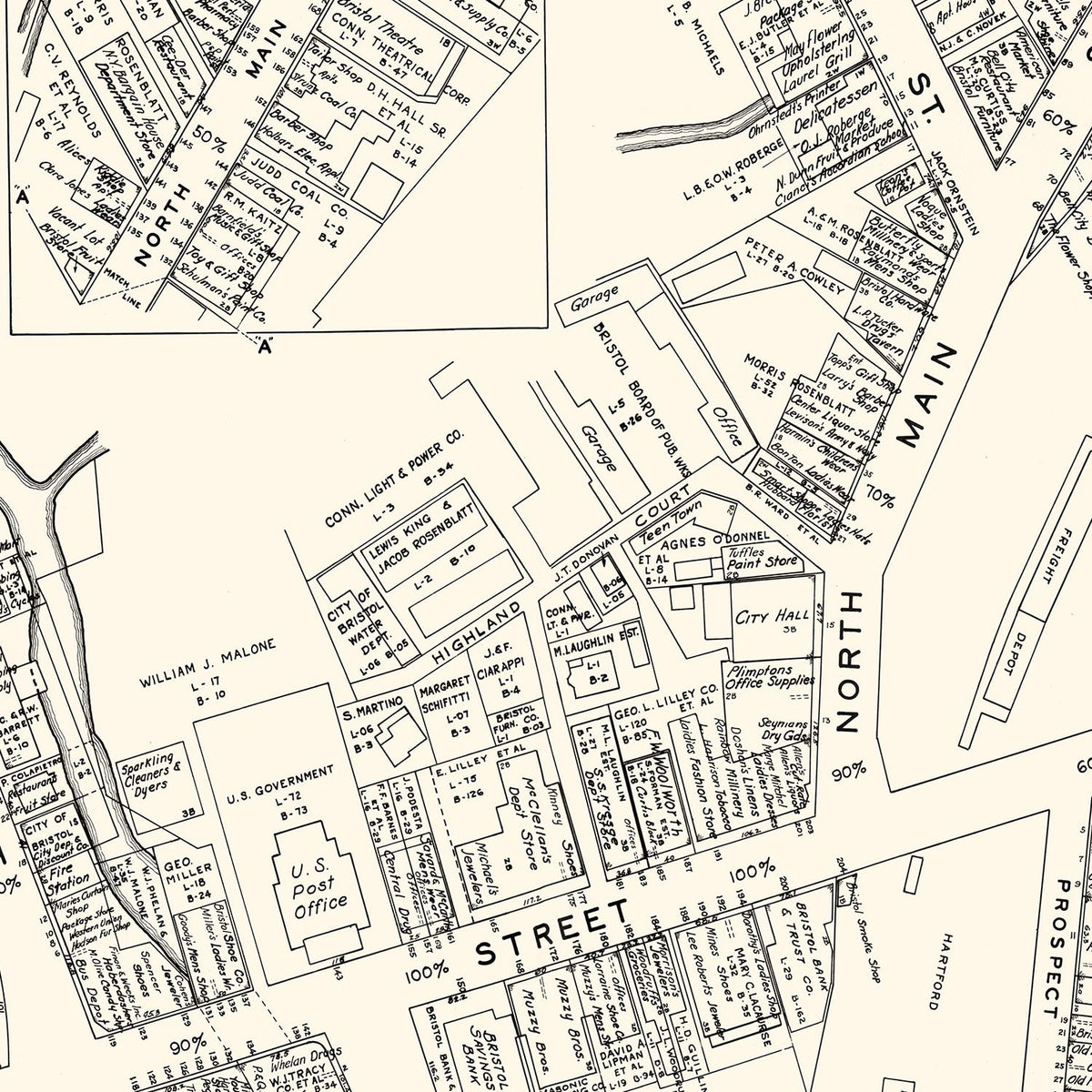 Restored historic details from the 1946 city map of Bristol, Connecticut