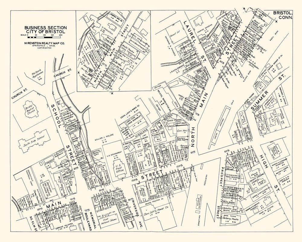 Vintage Map of Bristol, CT Business Section 1946 print style example