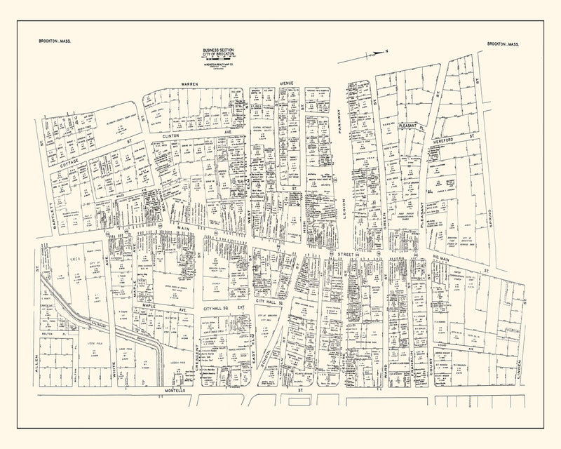 Size comparison using Vintage Map of Brockton, MA Business Section 1946