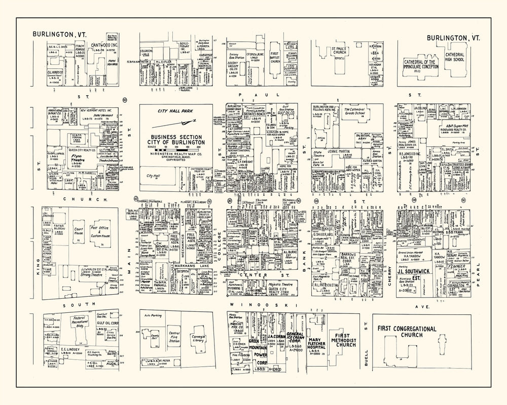 Vintage Map of Burlington, VT Business Section 1946 print style example