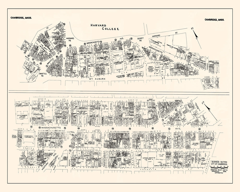 Vintage Map of Cambridge, MA Business Section 1946 print style example