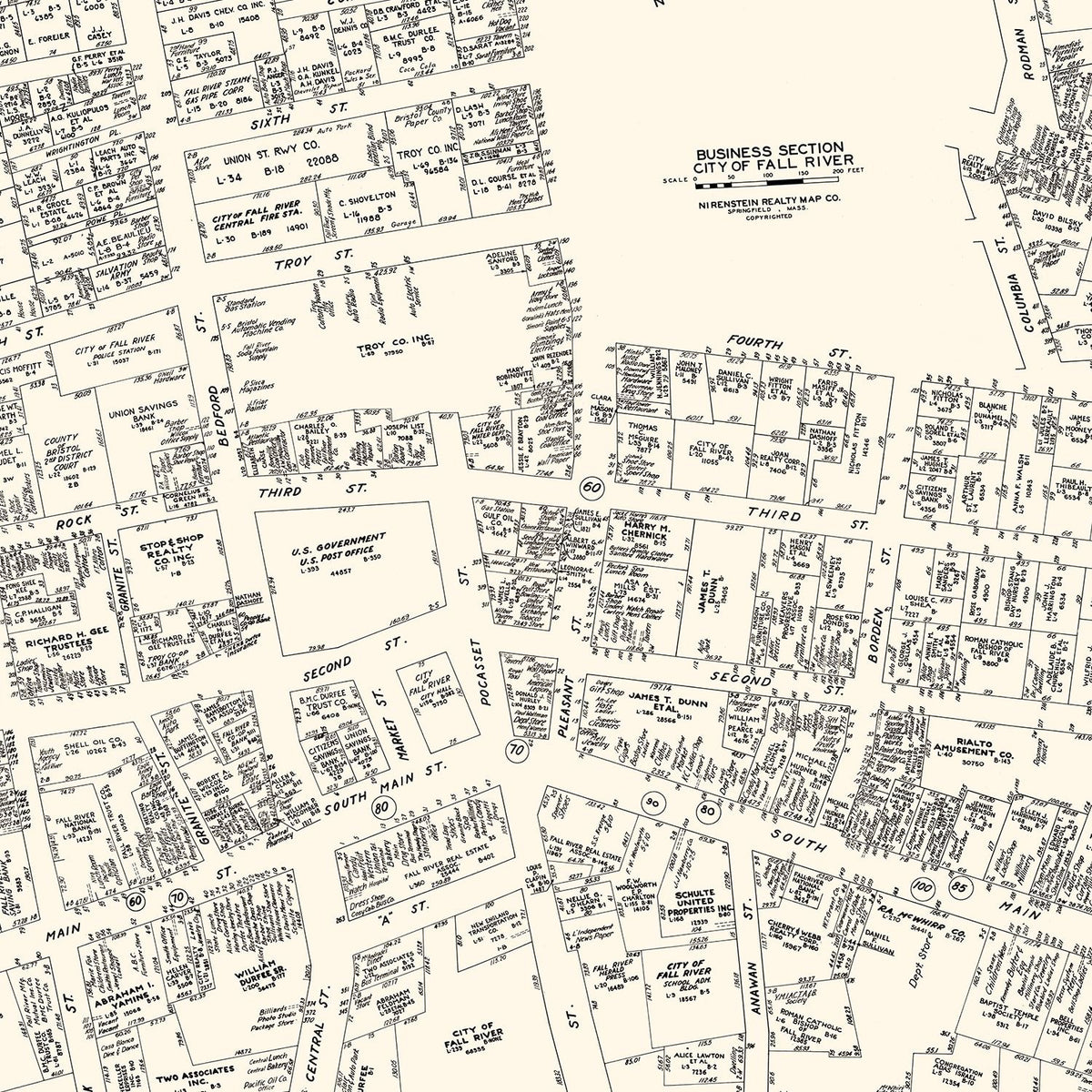 Restored historic details from the 1946 city map of Fall River, Massachusetts