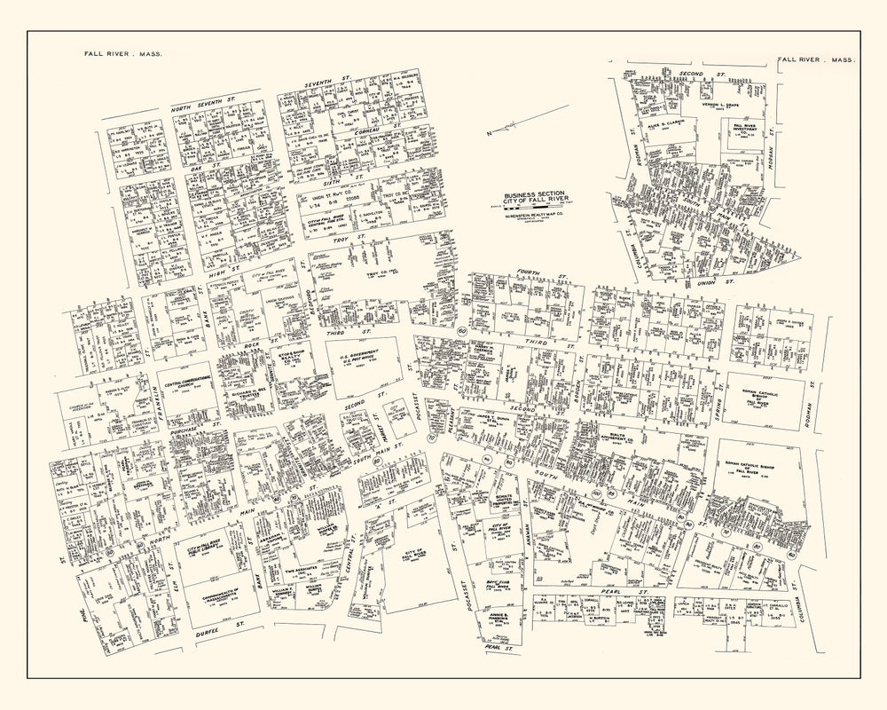 Vintage Map of Fall River, MA Business Section 1946 print style example