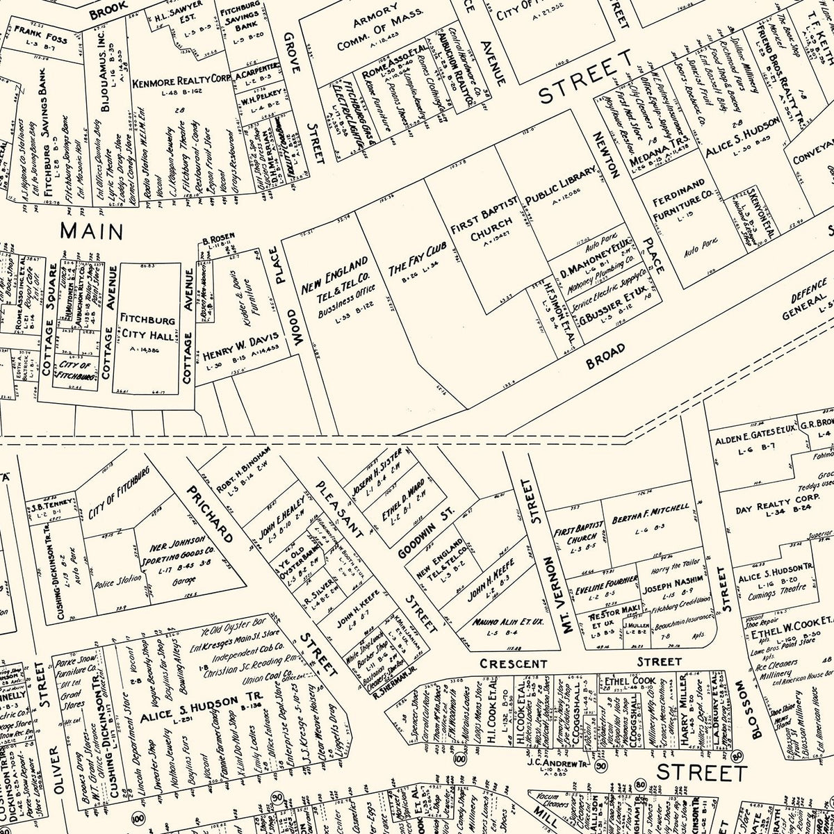 Restored historic details from the 1946 city map of Fitchburg, Massachusetts