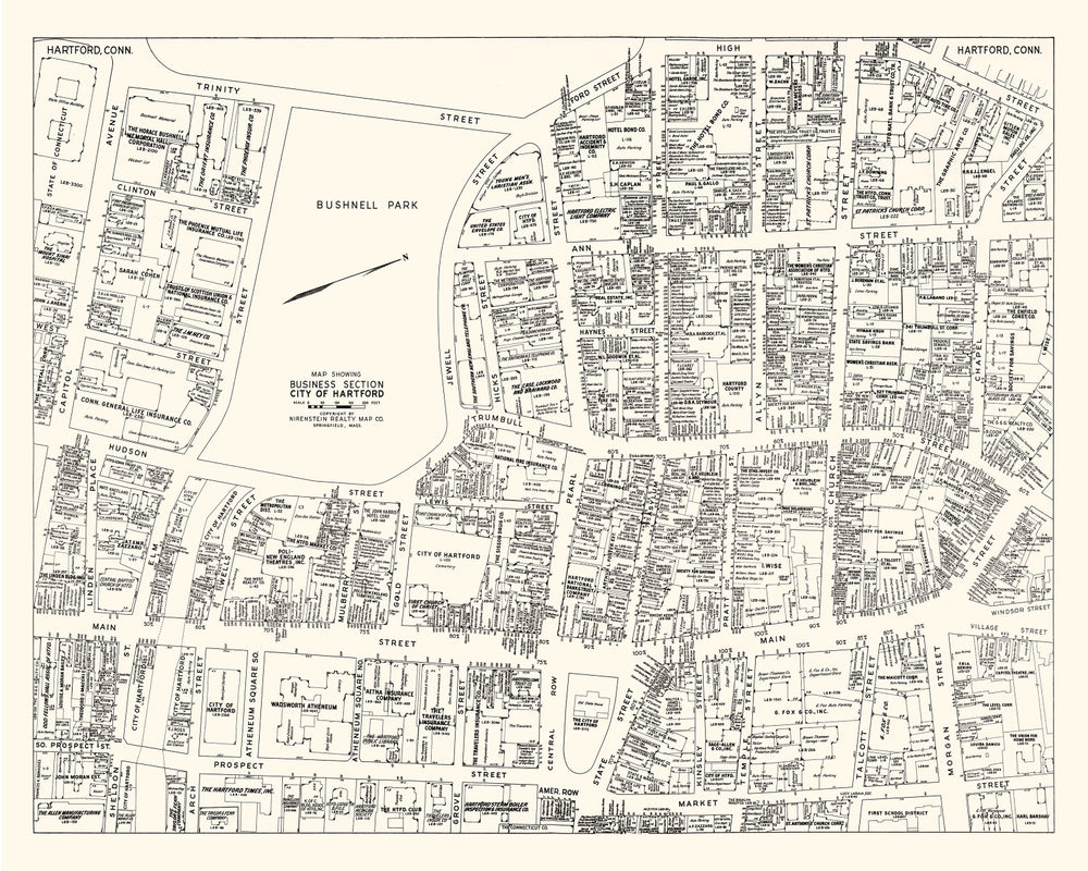 Vintage Map of Hartford, CT Business Section 1946 print style example