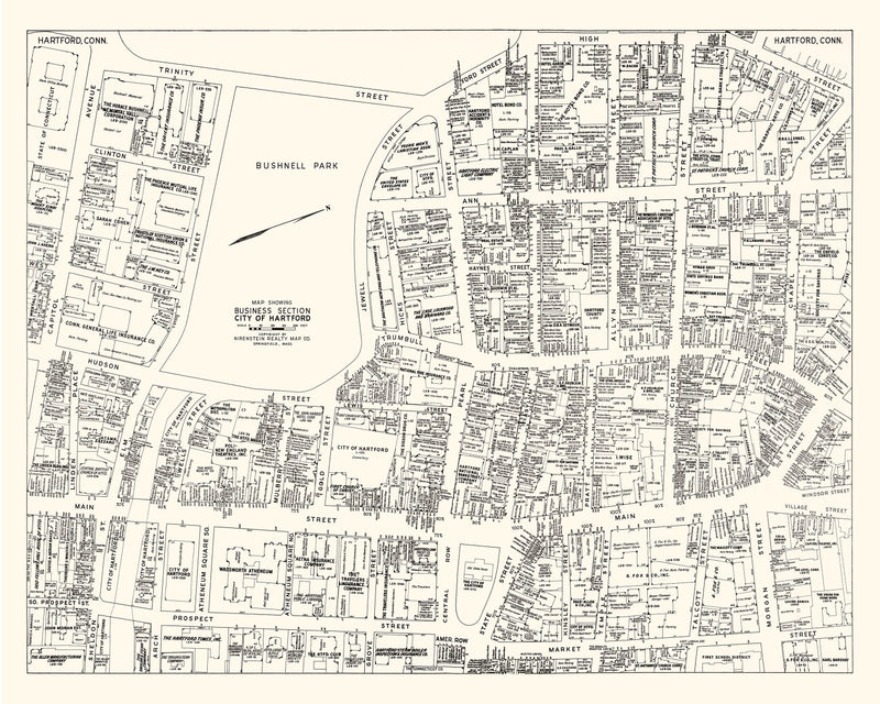 Size comparison using Vintage Map of Hartford, CT Business Section 1946