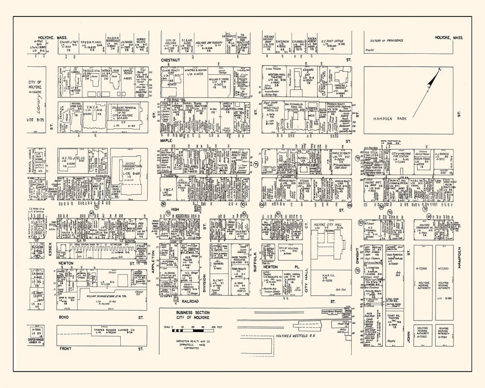 Vintage Map of Holyoke, MA Business Section 1946 print style example